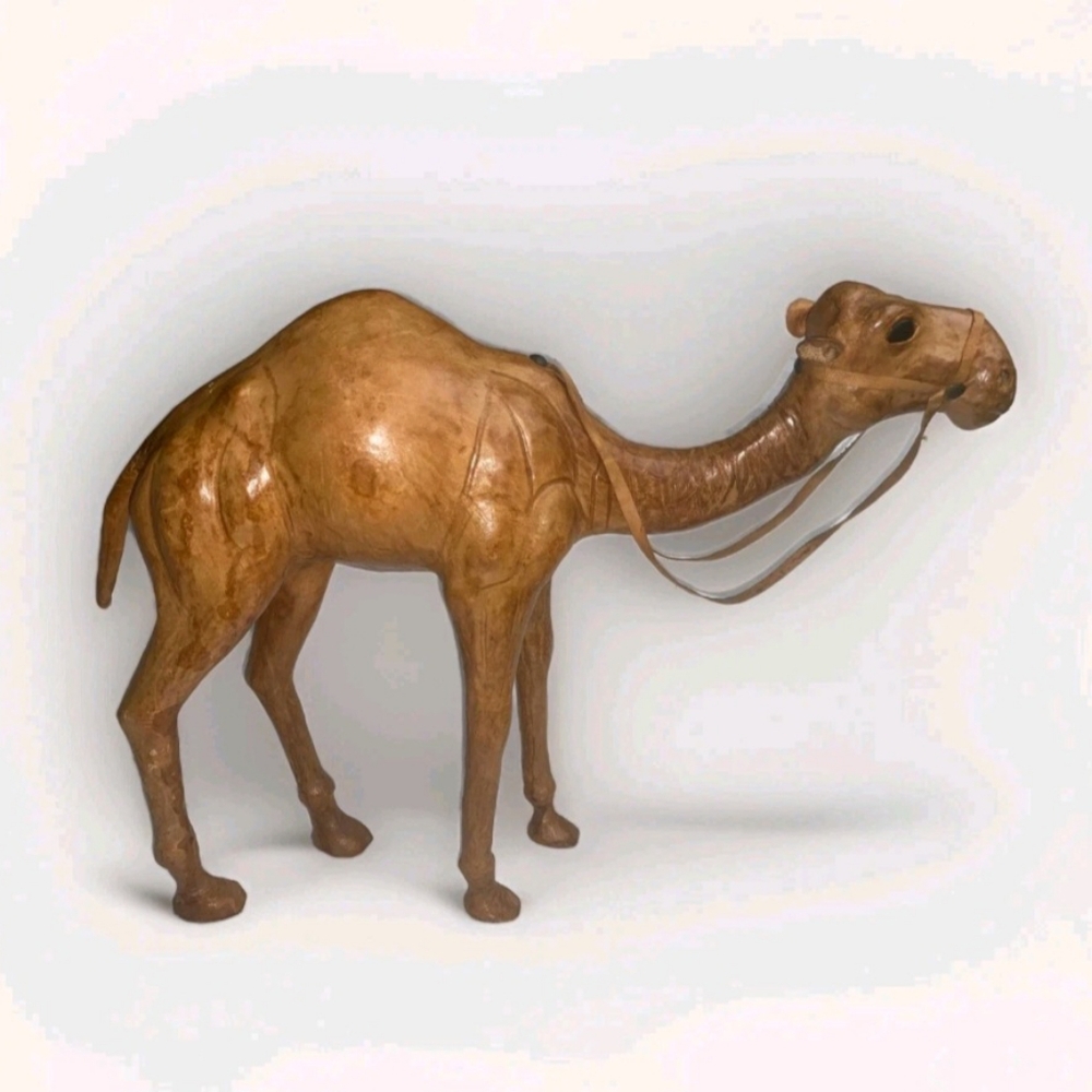Vintage Leather Wrapped Camel With Glass Eyes Figure Statue Handmade